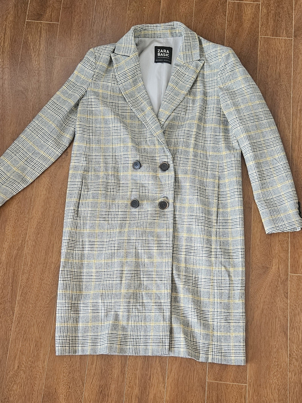 Zara Checked Double-Breasted Trench Coat in Gray and Yellow